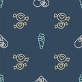 Set line Healed broken heart, Candy and Ice cream in waffle cone on seamless pattern. Vector