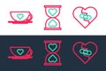 Set line Healed broken heart, Coffee cup and and Heart in the center hourglass icon. Vector