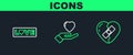 Set line Healed broken heart, Love text and Heart in hand icon. Vector