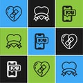 Set line Healed broken heart, Mobile with and Heart icon. Vector