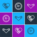 Set line Healed broken heart, Heart with wings and Clock icon. Vector