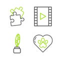 Set line Heart with animals footprint, Feather and inkwell, Play Video and Piece of puzzle icon. Vector Royalty Free Stock Photo