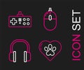 Set line Heart with animals footprint, Headphones, Computer mouse and Gamepad icon. Vector Royalty Free Stock Photo