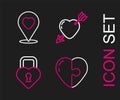 Set line Heart, Castle in the shape of heart, Amour with and arrow and Location icon. Vector Royalty Free Stock Photo