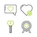 Set line Heart in the center of darts target aim, Key heart shape, and Like and icon. Vector Royalty Free Stock Photo