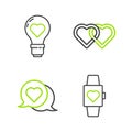 Set line Heart in the center wrist watch, speech bubble, Two Linked Hearts and shape light bulb icon. Vector