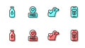 Set line Heart with dog, Bottle of water, Location heart and Donation and charity icon. Vector Royalty Free Stock Photo