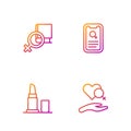 Set line Heart with female gender, Lipstick, Book about women and Dating app. Gradient color icons. Vector