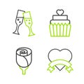 Set line Heart, Flower rose, Wedding cake with heart and Glass of champagne icon. Vector Royalty Free Stock Photo