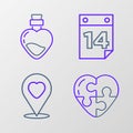 Set line Heart, Location with heart, Calendar February 14 and Bottle love potion icon. Vector Royalty Free Stock Photo