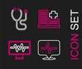 Set line Heart rate, Monitor with cardiogram, Hospital building and Stethoscope icon. Vector Royalty Free Stock Photo