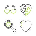 Set line Heart, Search heart and love, and shaped glasses icon. Vector Royalty Free Stock Photo