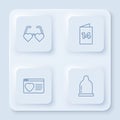 Set line Heart shaped love glasses, Greeting card, Dating app online and Condom. White square button. Vector Royalty Free Stock Photo