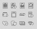 Set line Heart with shield, Diamond, Document graph chart, Tooth, Report file document, Empty form, Stacks paper money