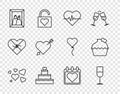 Set line Heart, Wine glass, rate, Wedding cake with heart, Picture frame, Amour and arrow, Calendar and icon. Vector Royalty Free Stock Photo