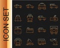 Set line Helicopter, Delivery cargo truck, Submarine, Taxi, Tram and railway, Cruise ship, Car and Off road icon. Vector