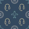 Set line Helicopter landing pad, Headphones with microphone and Plane on seamless pattern. Vector