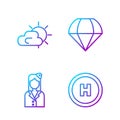 Set line Helicopter landing pad, Stewardess, Sun and cloud weather and Parachute. Gradient color icons. Vector