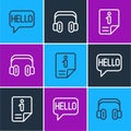 Set line Hello in different languages, Information and Headphones icon. Vector Royalty Free Stock Photo