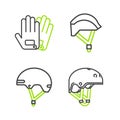 Set line Helmet, Bicycle helmet and Gloves icon. Vector