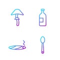 Set line Heroin in a spoon, Cigar with smoke, Psilocybin mushroom and Alcohol drink bottle. Gradient color icons. Vector