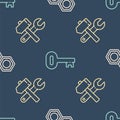 Set line Hexagonal metal nut, Hammer and wrench spanner and Old key on seamless pattern. Vector Royalty Free Stock Photo