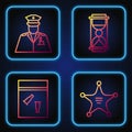 Set line Hexagram sheriff, Evidence bag and bullet, Police officer and Old hourglass with sand. Gradient color icons