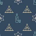 Set line Hexagram sheriff, Indian teepee or wigwam and Whiskey bottle and glass on seamless pattern. Vector