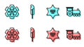 Set line Hexagram sheriff, Revolver cylinder, Feather pen and Retro train icon. Vector