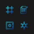 Set line Hexagram sheriff, Safe, Prison window and Document and pen. Gradient color icons. Vector