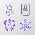 Set line Hexagram sheriff, Tie, Identification badge and Magnifying glass with footsteps icon. Vector