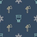 Set line Hexagram sheriff, Tomahawk axe and Drum on seamless pattern. Vector