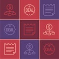 Set line Hierarchy with dollar, Notebook and Deal icon. Vector