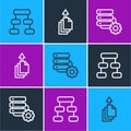 Set line Hierarchy organogram chart, Server and gear and Data export icon. Vector