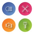 Set line High beam, Wheel wrench, Check engine and Car key with remote. Color circle button. Vector