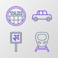 Set line High-speed train, Airport, Car and Taxi car roof icon. Vector