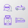 Set line High-speed train, Tram and railway, Car and Taxi call telephone service icon. Vector