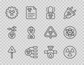 Set line High voltage sign, Radioactive, warning lamp, Nuclear bomb, Industry pipe and valve and Atom icon. Vector Royalty Free Stock Photo