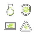 Set line High voltage, Square root of x glyph, Shield protecting from virus and Test tube and flask icon. Vector