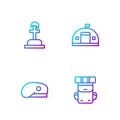 Set line Hiking backpack, Military beret, Soldier grave and barracks. Gradient color icons. Vector