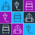 Set line Hiking backpack, Street stall with awning and Kite icon. Vector