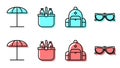 Set line Hiking backpack, Sun protective umbrella for beach, Cooler bag and water and Glasses icon. Vector