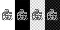 Set line Hippie camper van icon isolated on black and white, transparent background. Travel by vintage bus. Tourism