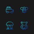 Set line Hippo or Hippopotamus, African hut, Car and Monkey. Gradient color icons. Vector
