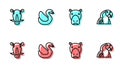 Set line Hippo or Hippopotamus, Wild boar head, Swan bird and Macaw parrot icon. Vector