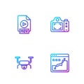 Set line Histogram graph photography, Drone flying, MOV file document and Photo camera. Gradient color icons. Vector Royalty Free Stock Photo