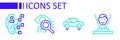 Set line Hologram, Fantastic flying car, Eye scan and Humanoid robot icon. Vector Royalty Free Stock Photo