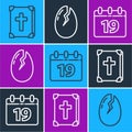 Set line Holy bible book, Calendar with Happy Easter and Broken egg icon. Vector Royalty Free Stock Photo