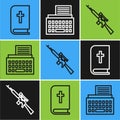 Set line Holy bible book, Sniper rifle with scope and Retro typewriter icon. Vector