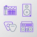 Set line Home stereo with two speakers, Guitar pick, Stereo and Drum machine icon. Vector